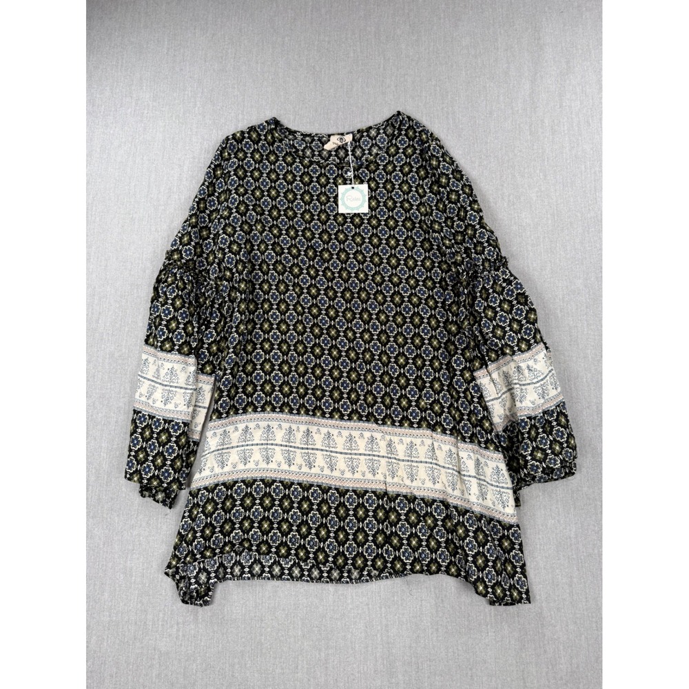 Spade & Heart Black Print Tunic Bell Sleeve Boho Medallion Top Small NWT